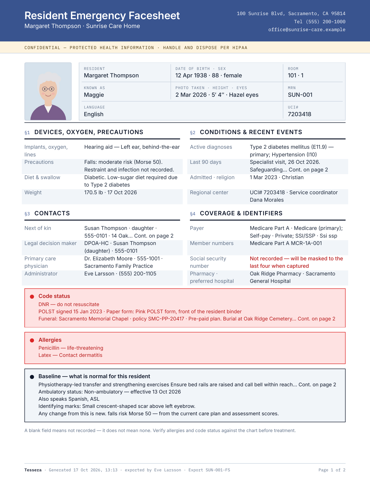 Page one of a printed resident emergency facesheet, with the home's name, address and phone at the top