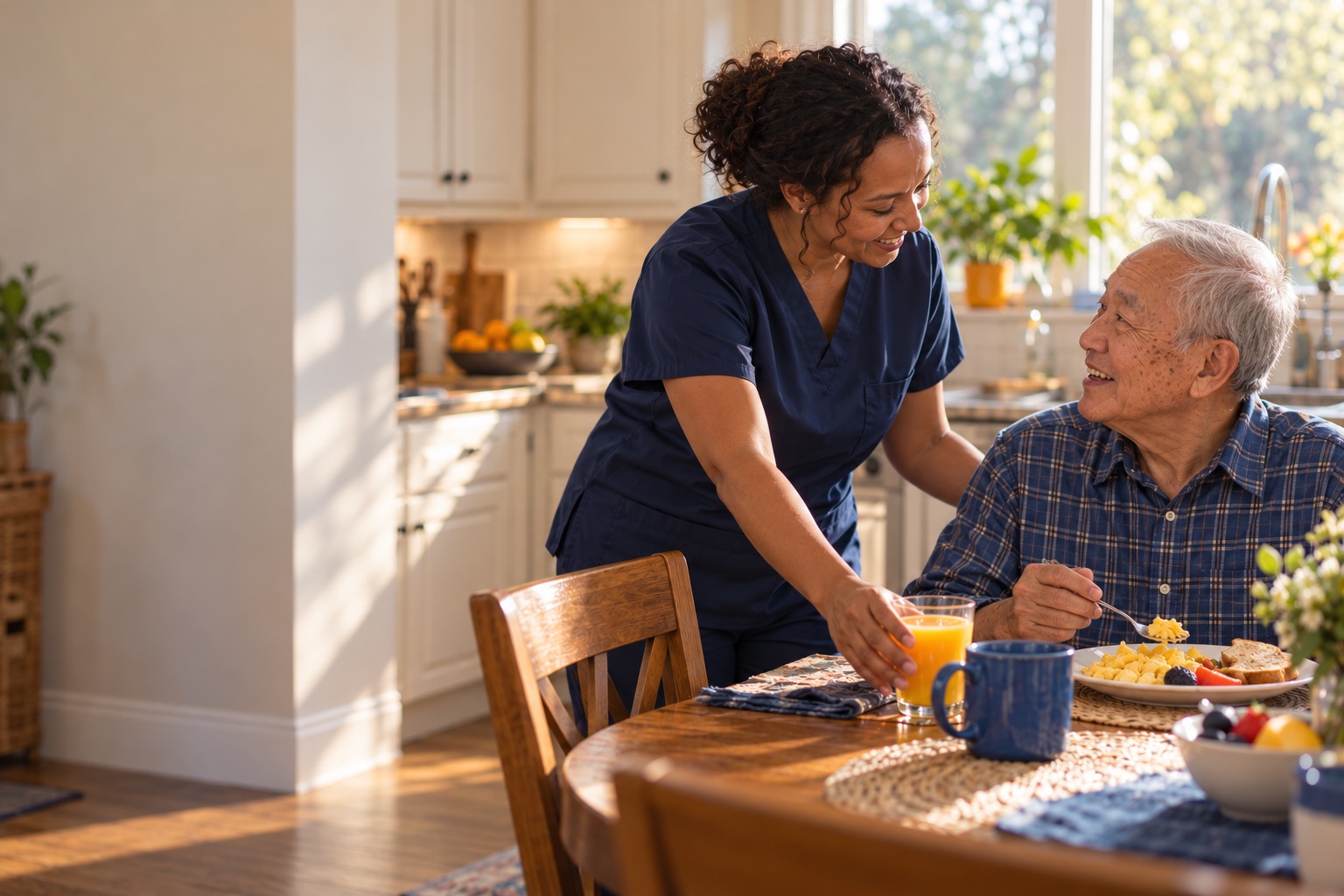 A carer sets down a glass of orange juice for a resident eating breakfast at the kitchen table