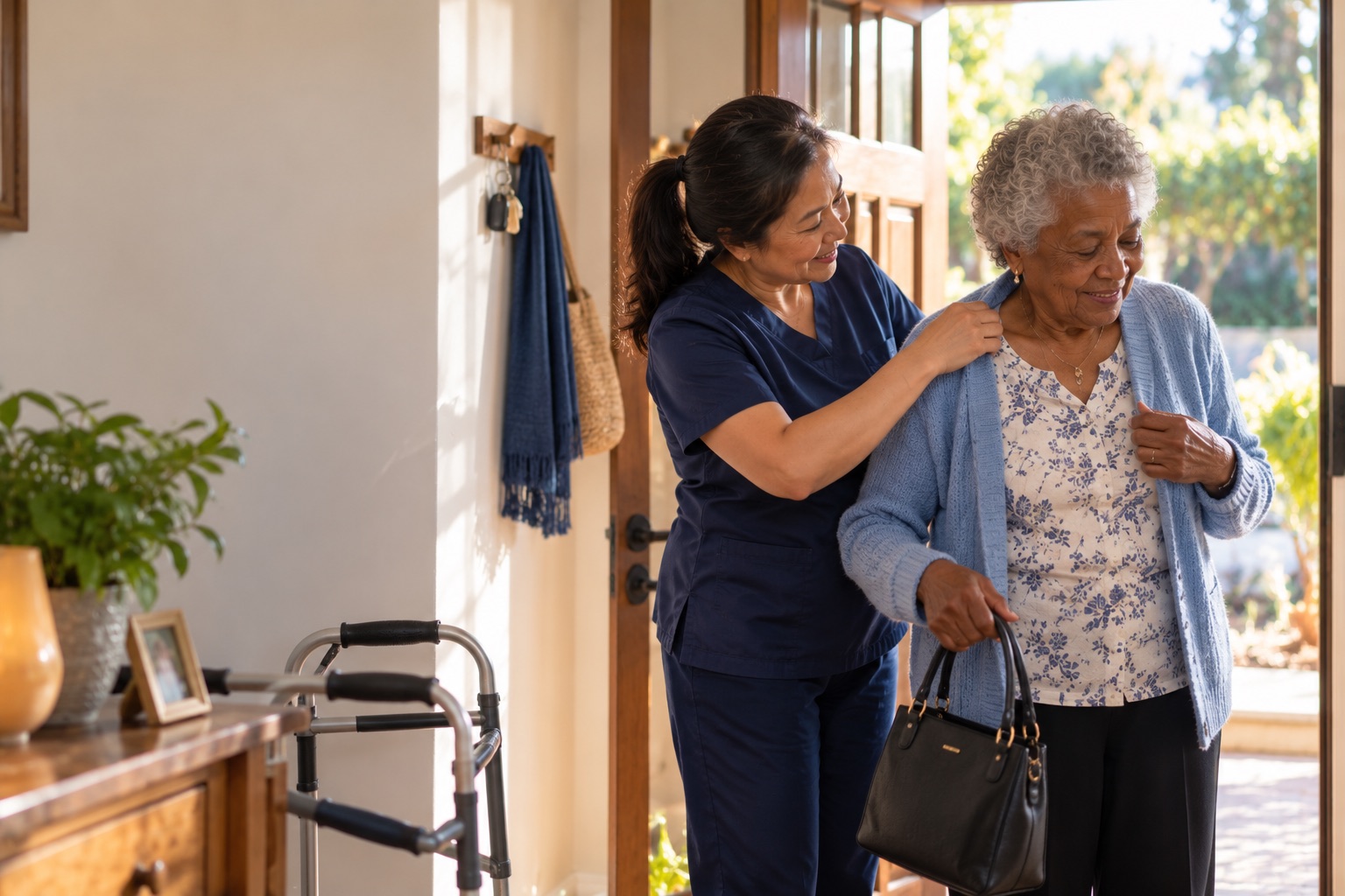 A carer helps a resident into her cardigan by the front door, handbag in hand