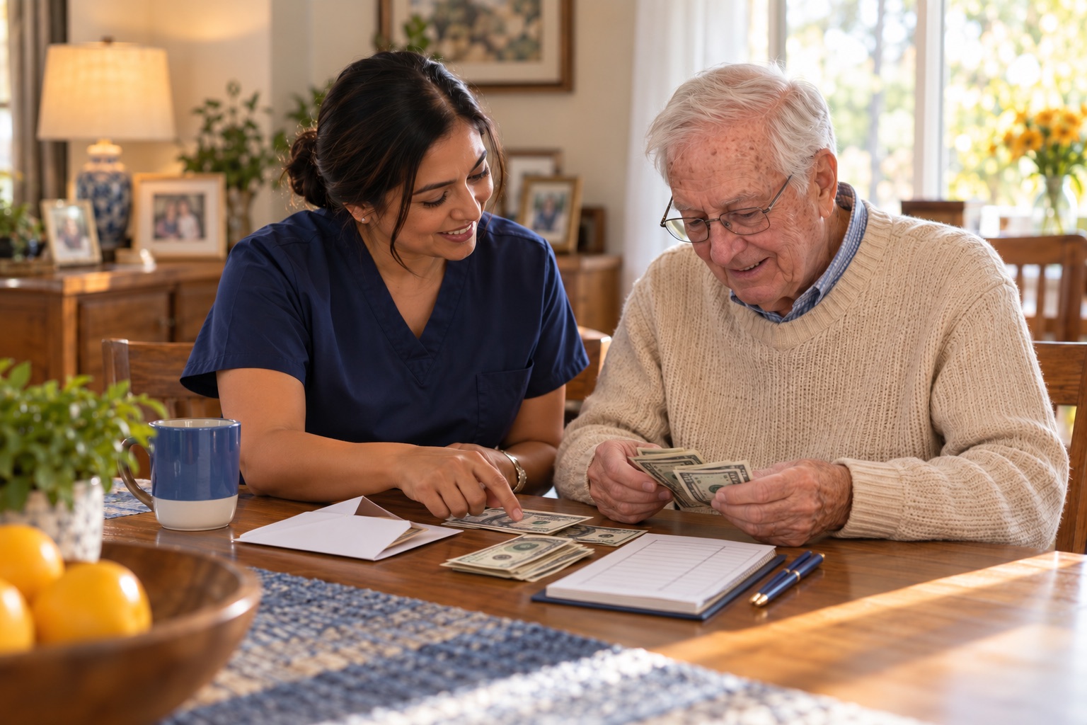 A carer and a resident count out his allowance together at the dining table