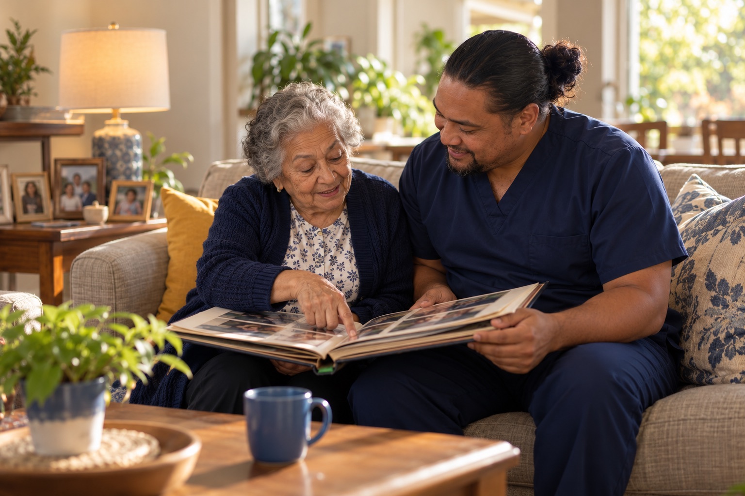A resident points at a photo in a family album while a carer sits beside her on the sofa
