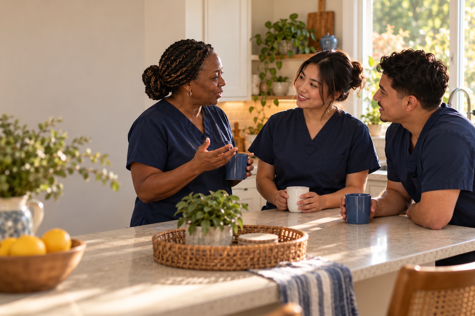 Three carers talk over coffee at a kitchen counter